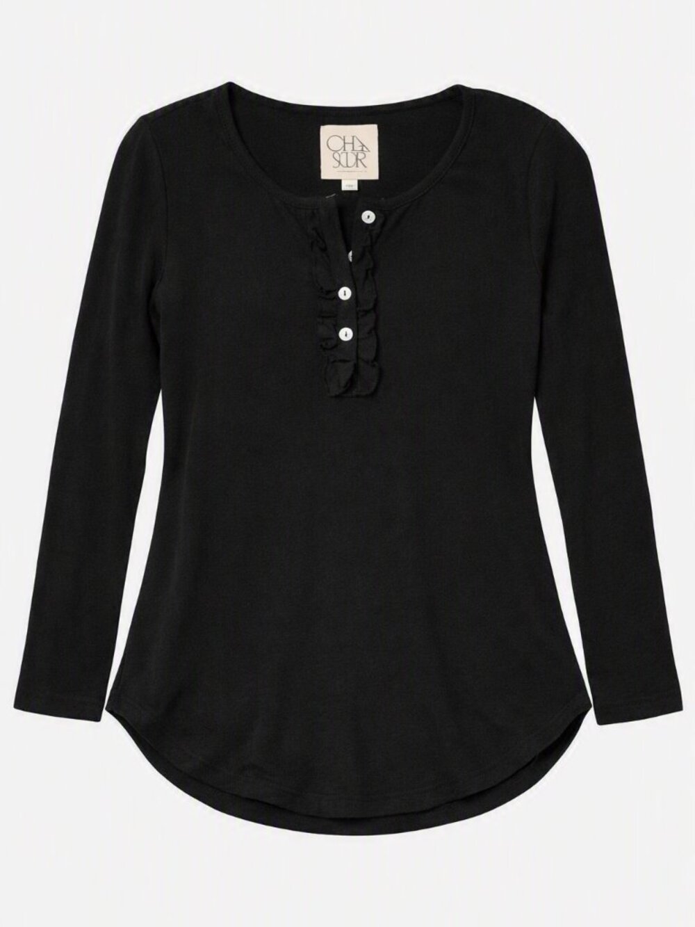 Chaser Black Long-Sleeve Henley with Ruffle Placket Large NWT RARE